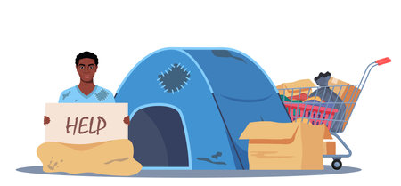 Homeless black man holding banner Help. Trolley cart with belongings and camp near. Bum in ragged clothes sitting on ground begging money. Unemployed character asking support, begging. Vectorのイラスト素材