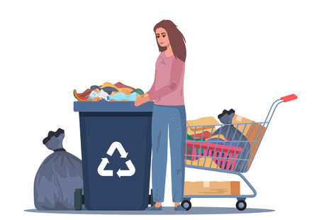 Homeless vagrant person looking for food and things in dirty trash can. Ragged vagabond. Homeless woman with trolley cart full of belongings. Girl walking street begging for help. Beggar. Vector.のイラスト素材