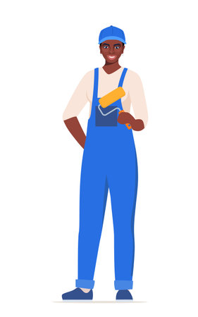 Girl painter Black woman character in blue uniform. Vector illustrationのイラスト素材