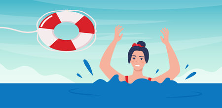 Drowning woman sticking out of the water trying to catch lifebuoy. Safety and urgent help. Rescue on water. Giving lifebuoy to drowning woman. Vector illustrationのイラスト素材