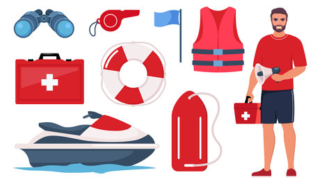 Beach lifeguards equipment set. Loudspeaker, sunglasses, lifebuoy, lifeguards tower, first aid kit, life rescue jacket, binoculars, whistle stretcher Vector illustrationのイラスト素材
