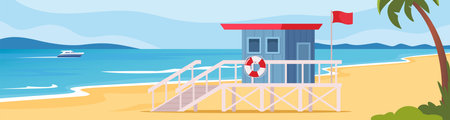 Lifeguard tower on the beach. Coast guard station in modern flat design. Vector stock illustration isolated on white backgroundのイラスト素材