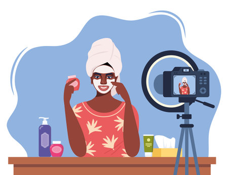 African American woman beauty blogger recording skin care tutorial video for her vlog. Girl talking and showing cosmetic products in front of camera. Vector illustrationのイラスト素材