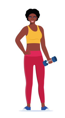 African American Woman dressed in sports clothes does exercises with dumbbells. Vector illustrationのイラスト素材