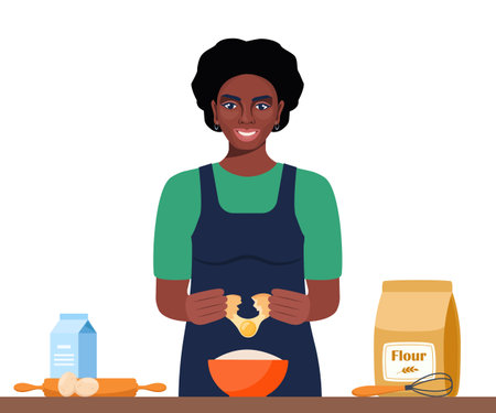 Kitchen cooking. Black woman cooks an omelet for breakfast. Smiling girl in the kitchen. Flat vector illustrationのイラスト素材