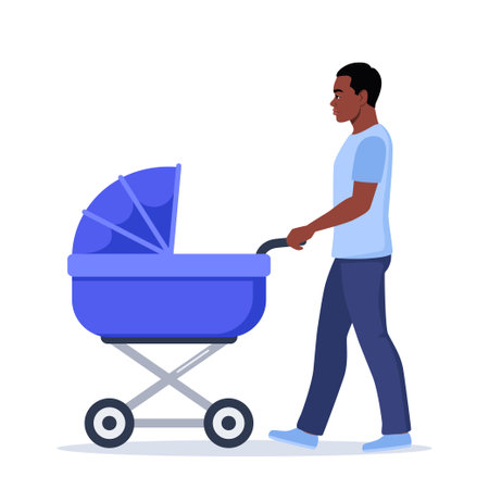 Young daddy walks with a baby in a stroller. Black Man with newborn son or daughter on walk in baby carriage. Vector illustrationのイラスト素材