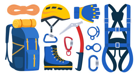 Climbing gear equipment. Mountaineering tool climber stuff elements for mountain rock climb safety rope knot harness carbines helmet ice ax extreme sport. Vector illustrationのイラスト素材