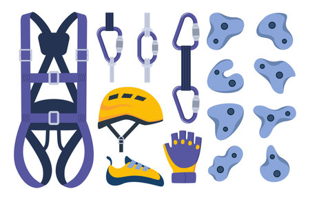Climbing gear equipment. Mountaineering tool climber stuff elements for mountain rock climb safety rope knot harness carbines helmet ice ax extreme sport. Vector illustrationのイラスト素材