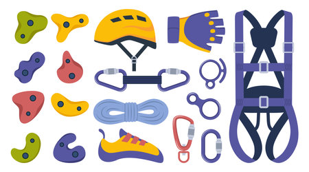 Climbing gear equipment. Mountaineering tool climber stuff elements for mountain rock climb safety rope knot harness carbines helmet ice ax extreme sport. Vector illustrationのイラスト素材