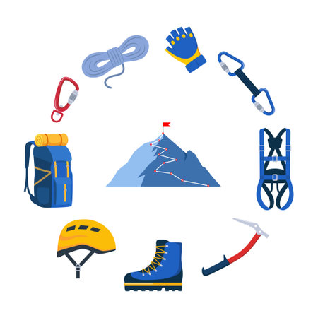 Climbing gear equipment. Mountaineering tool climber stuff elements for mountain rock climb safety rope knot harness carbines helmet ice ax extreme sport. Vector illustrationのイラスト素材