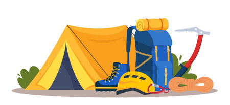 Climbing gear equipment. Mountaineering tool climber stuff elements for mountain rock climb safety rope knot harness carbines helmet ice ax extreme sport. Vector illustrationのイラスト素材