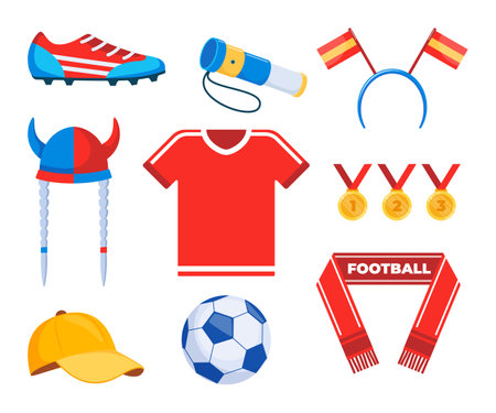 Football game and fan attributes. Soccer cheer accessories. Football match, competition, championship. Set of elements for soccer, football sport event. Vector illustrationのイラスト素材