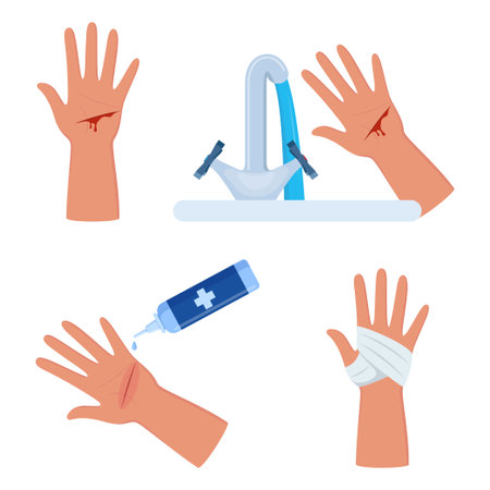 Bleeding cut on the palm, emergency situation. First aid treatment for wound on skin. Trauma, treatment procedure. Vector illustrationのイラスト素材