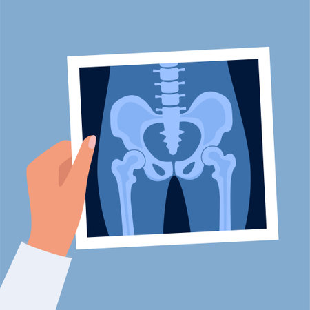 XRay of hip joint pelvis human bones anatomy orthopedic medical diagnostic. Roentgen shot in doctors hand. Vector illustrationのイラスト素材