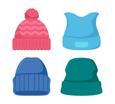 Winter hats collection. Knitting headwear for cold weather. Vectorのイラスト素材