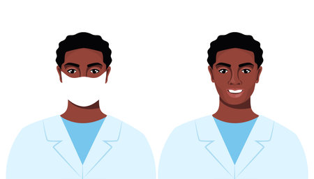 Black Man, doctor or nurse portrait in medical robe, who is wearing face mask, and without face mask. Vector illustrationのイラスト素材