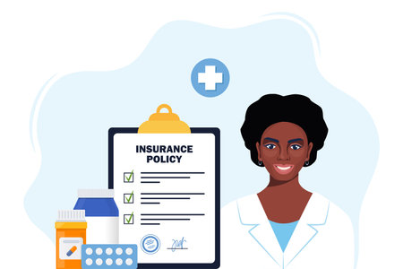 Health insurance concept. Insurance policy on clipboard, medical drugs, pills, black woman doctor in medical robe. Check list with signature on board. Vector illustrationのイラスト素材