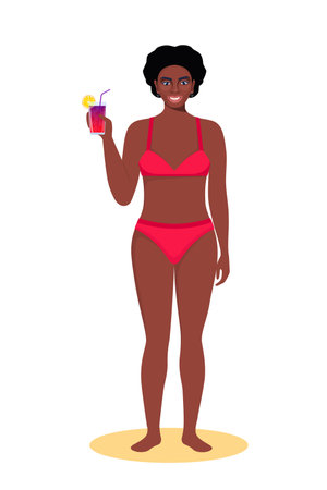 Black woman dressed in swimsuit standing on the beach with cocktail in her hand and smiling. Summer vacations. Beautiful sexy girl in bikini. Vector illustrationのイラスト素材