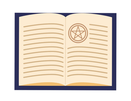 Magic spell book. Magicians knowledge book of mystery witchcraft. Educational mystical literature. Book of magic spells, fairy tales, mystical alchemy recipes.のイラスト素材