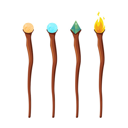 Set of magic staff, walk sticks or wands with glow gems, frozen ice crystal and flame. Magician weapon rods.のイラスト素材
