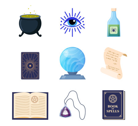 Magician tools. Wizard magic mystery amulet, spell book, crystal ball, evil eye, tarot cards, potion cauldron.のイラスト素材