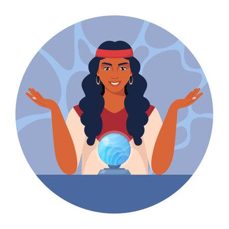 Gypsy woman fortune teller character predicts fate at table with magic sphere. Witchcraft of woman over crystal ball. Vectorのイラスト素材