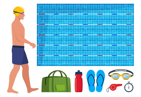 Swimming pool and equipment for swimming training. Man in swimsuit. Swimsuit, goggles, flippers, swim cap, water bottle, towel, stopwatch, whistle, sport bag Vectorのイラスト素材