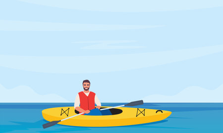 Man rowing with paddles in kayak, side view. Guy in life jacket rafting in sport boat with oars. Extreme water activity.のイラスト素材
