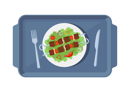 Meal tray with food for lunch, top view. Kebab, shashlik, grilled on skewer, food meat. Shish kebab with slice onions, pepper, and tomato. Knife and fork.のイラスト素材