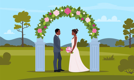 Decorated arch for wedding ceremony. Black wedding couple. Bride and groom in formal clothes on wedding day, marriage ceremony. Wedding arch. Just married love couple, newlyweds.のイラスト素材
