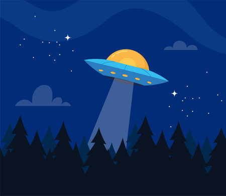 Flying saucer in flat design with forest on starry night background.のイラスト素材