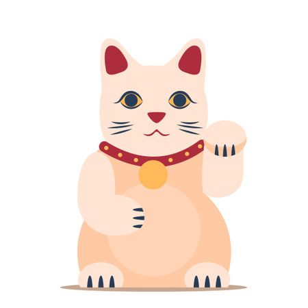 Maneki-neko lucky cat with a smiling face and wearing a red collar. Traditional Japanese figurine symbolizing good luck and fortune.のイラスト素材