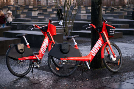 Berlin, Germany - January 2020: JUMP Rental bicycle sharing service by UBER parked at the footwayのeditorial素材