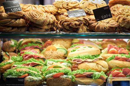 Sandwiches and pastries are stuffed for sale in a shop window. Display window of a bakery and pastry shop of a European city with puff bakery and sandwiches, close upのeditorial素材