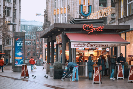 Hamburg, Germany-15 Dec 2019: German urban landscape in the daytime with currywurst store in autumnのeditorial素材