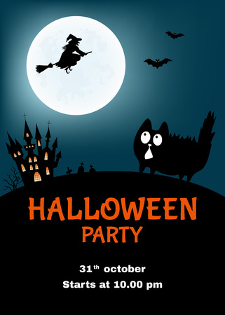 Halloween party poster. Funny vector illustration with cute cat, castle, witch and moon.のイラスト素材