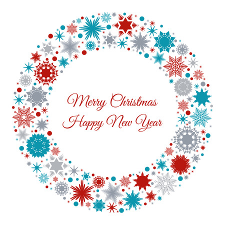 Merry Christmas and Happy New Year card with red,  blue and gray snowflakes. Vector illustration for invitation or postcard background.のイラスト素材