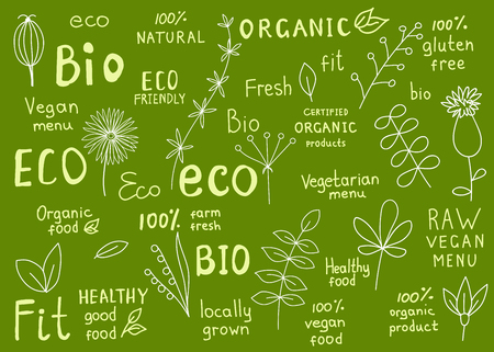 Set  of  organic, fit, natural, fresh,  bio, gluten free, raw, eco, healthy food labels.  Retro badges with floral elements  for vegan cafe, restaurant  menu, farm market , products packaging. Hand drawn vector signs.のイラスト素材