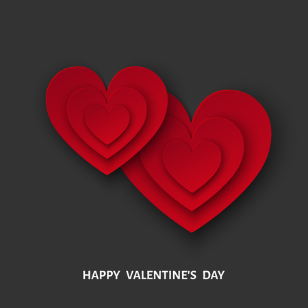 Happy Valentines day black background with red  cut paper hearts. Weeding design elements. Vector  illustration for  party invitation  flyer, banners,  greeting postcard, save the date card templates.のイラスト素材