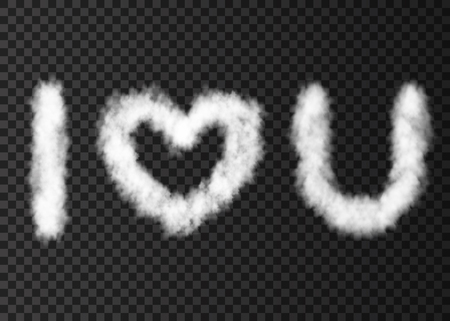 White cloud text I love you isolated on transparent background.  Steam  heart  shape special effect.  Realistic  vector fog,  fire smoke  or mist texture for Valentine day banner template .
のイラスト素材
