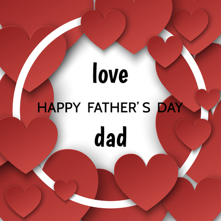 Happy Fathers Day greeting card with hearts and round frame  isolated on white background.  Love dad. Flat style vector template.のイラスト素材