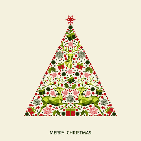Abstract decorated Christmas tree. Colorful  decoration.  Xmas  reindeer, gifts,  snowflakes. Vector template  for greeting  card.のイラスト素材