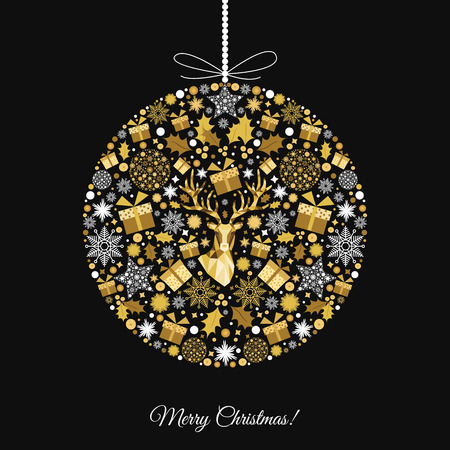 Christmas ball. Gold pattern. Golden, white  decoration. Happy New Year black background. Xmas  reindeer, gifts,  snowflakes. Vector template  for greeting  card.のイラスト素材