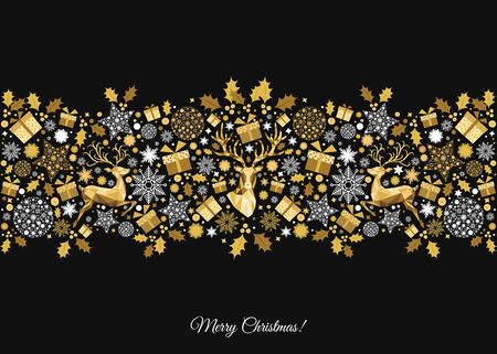 Golden Xmas  tree decoration on black  background. Happy New Year and  Christmas pattern. Gold   reindeer and  snowflakes. Vector template  for greeting  card or party invitation .のイラスト素材