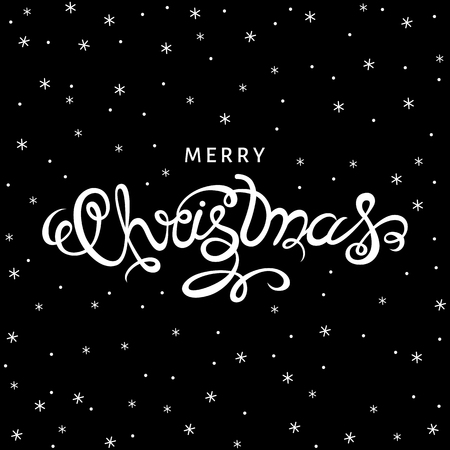 Christmas  greeting  card. White hand lettering on black  background with  snowflakes. Xmas vector illustration.のイラスト素材