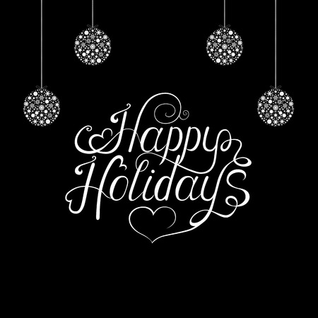  Hand lettering and  Xmas tree balls  on black  background. Christmas  greeting  card. Vector template.のイラスト素材