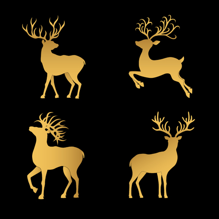 Collection of gold  Christmas  deer silhouettes isolated on the black  background. Golden Xmas reindeers. Vector illustration.のイラスト素材