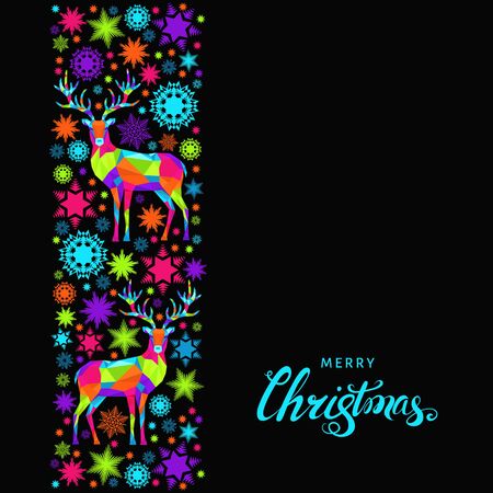 Christmas  greeting card.  Polygonal Xmas  reindeer, snowflakes  and  lettering. Bright colorful  tree decoration on black background.Vector template.のイラスト素材