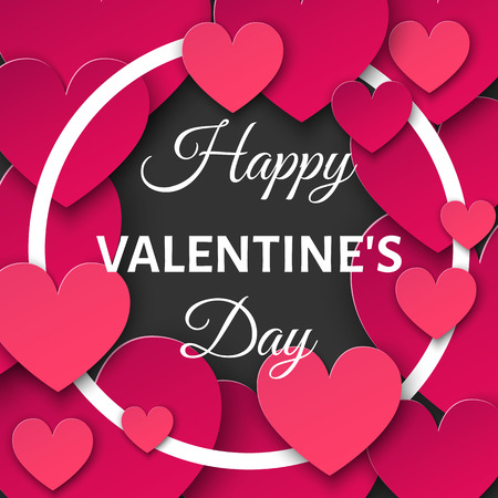 Valentines day  background with pink  cut paper hearts and round frame.  Vector  illustration for  party invitation  flyer, sale  banners,  greeting postcard, save the date card templates.のイラスト素材
