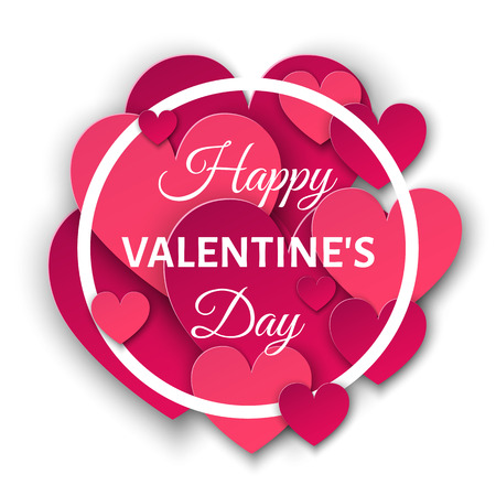 Happy Valentines day  background with pink  cut paper hearts and round frame.  Vector greeting  card templates.のイラスト素材